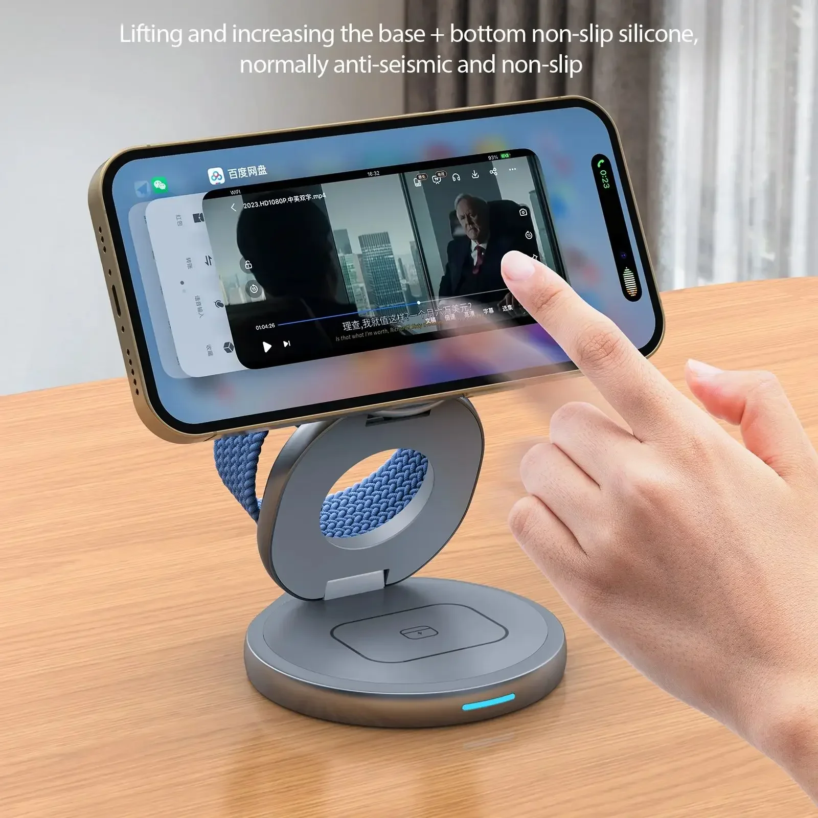 3 in 1 자기 360 회전 금속 무선 충전기 스탠드 패드 iPhone 15 14 13 12 Apple Watch 9 8 Airpods 고속 충전 스테이션