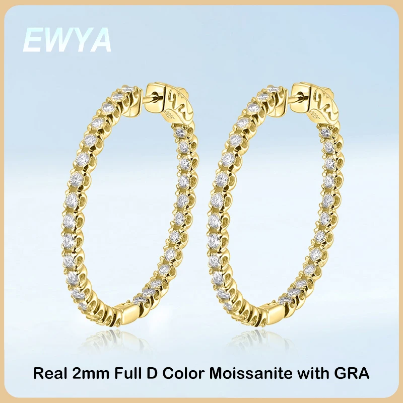

EWYA Luxury Designer D Color Full 2mm Moissanite Hoop Earrings For Women Party S925 Silver Plated 18K Gold Diamond Earring Gift