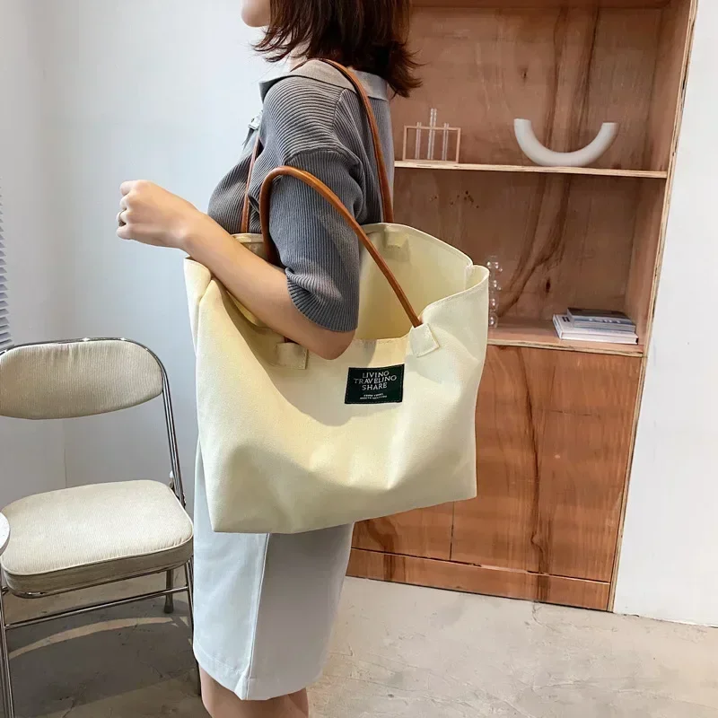 2026 Large Capacity Minimalist Style Single Shoulder Canvas Bag Minimalist Portable Women's Ins Large Bag Solid Color Tote Bag