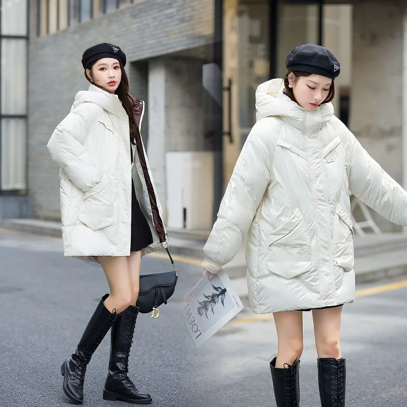2023 New Women Down Cotton Coat Winter Jacket Female Mid Length Version Thick Parkas Hooded Outwear Loose Overcoat
