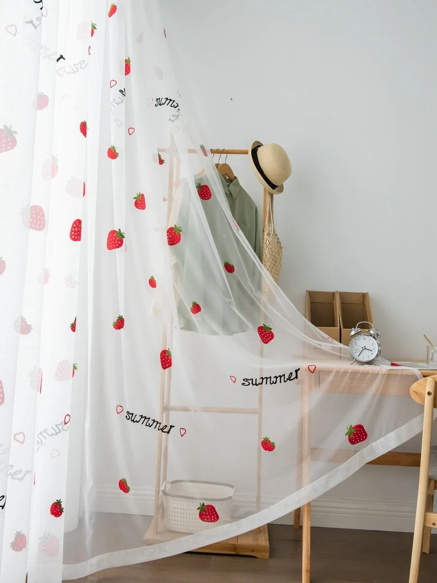 Decor Curtains Embroidered Curtains Window Curtains Modern Minimalist Fruit Tulle For Kitchen Bedroom Cute Strawberry Embroidery Curtains For Bedroom For Living Room Home Decor
