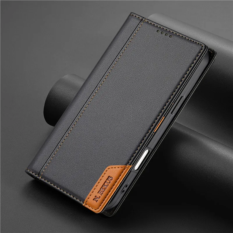Sleek Leather Wallet Case with Double Hem Stitching and Card Slot Flip Kickstand