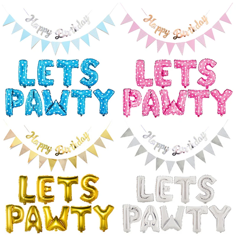 

1set Blue Pink 16inch Lets Pawty Letter Foil Balloons Happy Birthday Paper Banners Pet Dogs Cats Birthday Theme Party Decoration