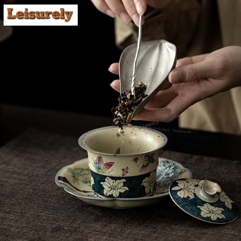 125ML Hand Painted Butterfly Lily Caramel Glaze Gaiwan Luxury Tea Tureen Tea Bowl With Lid Kit Tea Maker Cover Bowl Teaset Craft