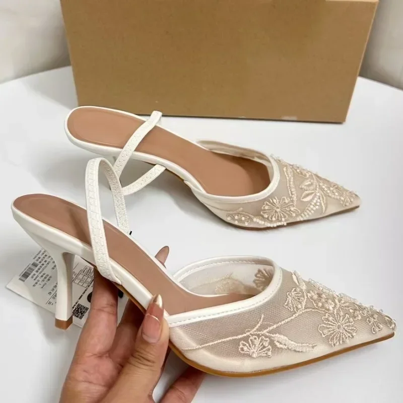 Brand Designer White Women Wedding Pumps Mesh Embroidered Flowers Back Strap Sexy Slingback High Heel Dress Shoes for Ladies 4