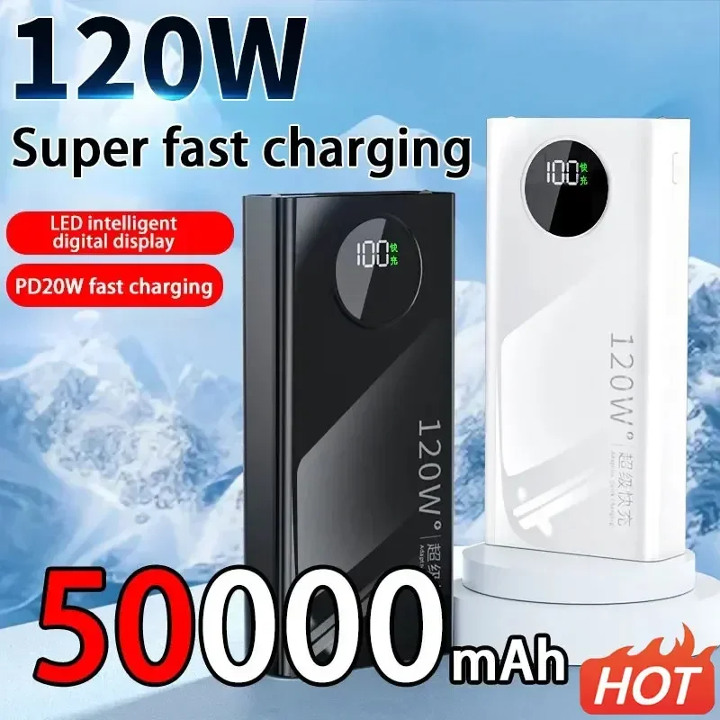 초고속 충전 50000mAh 디지털 디스플레이, 초대용량 모바일 전원 외장 배터리, 아이폰 샤오미 삼성용, 120W, 신제품