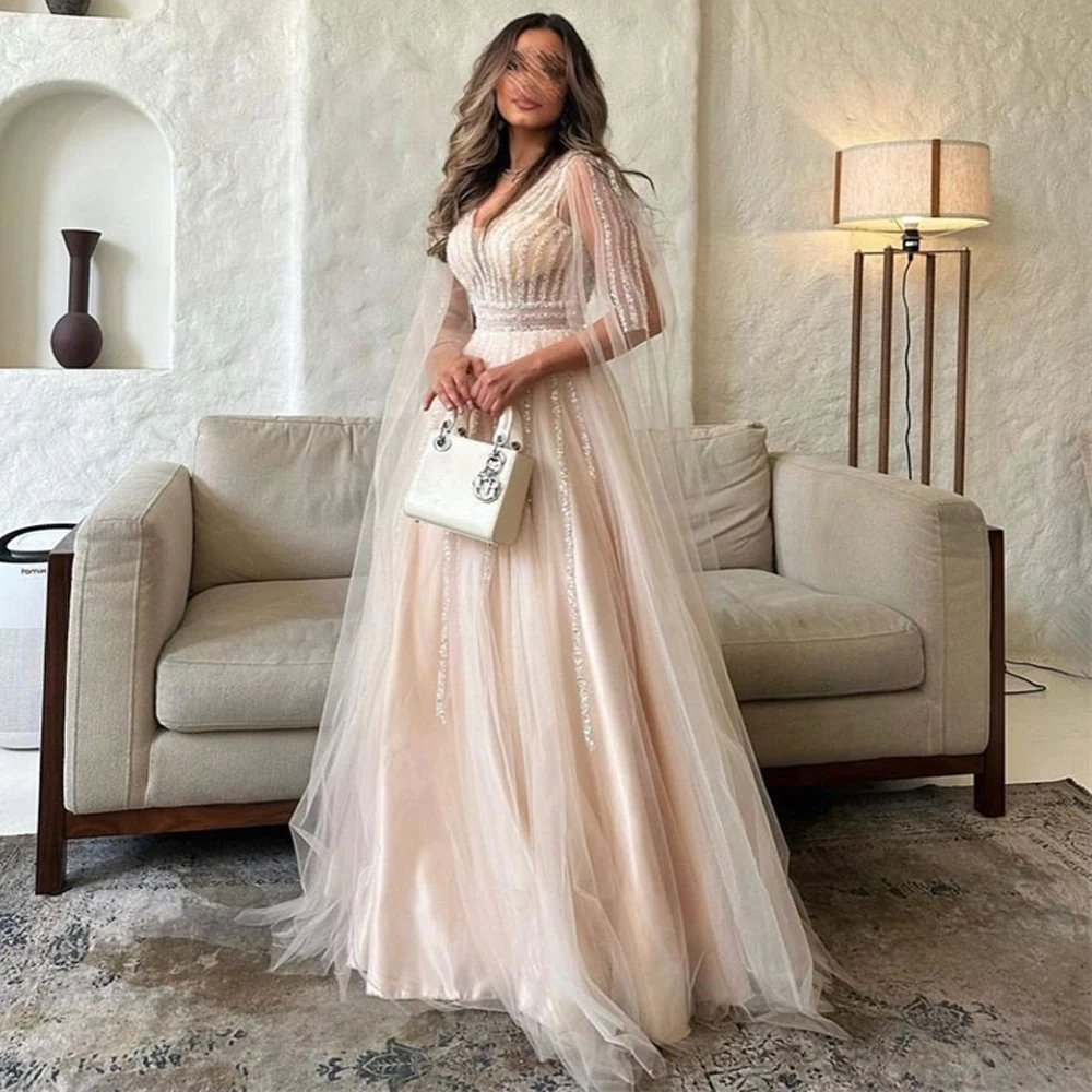 

Luxury Champagne Tulle Evening Party Dresses Sweetheart Long A Line Vestidos De Fiesta Elegantes Para Mujer Abendkleider Dubai