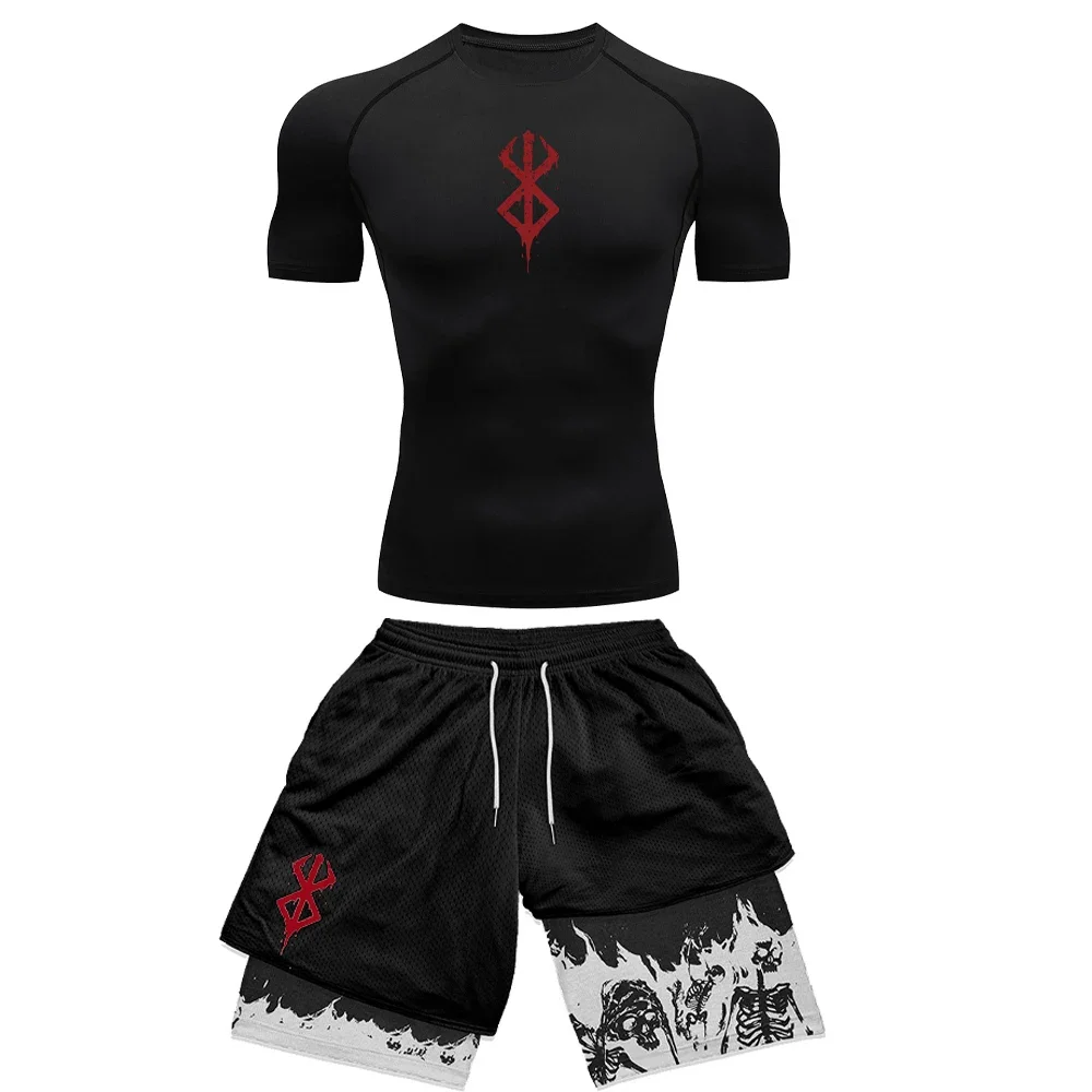 Sacrifice Print Berserk Anime Compression Sportswear Set 2PCS for Men Summer men sports suit