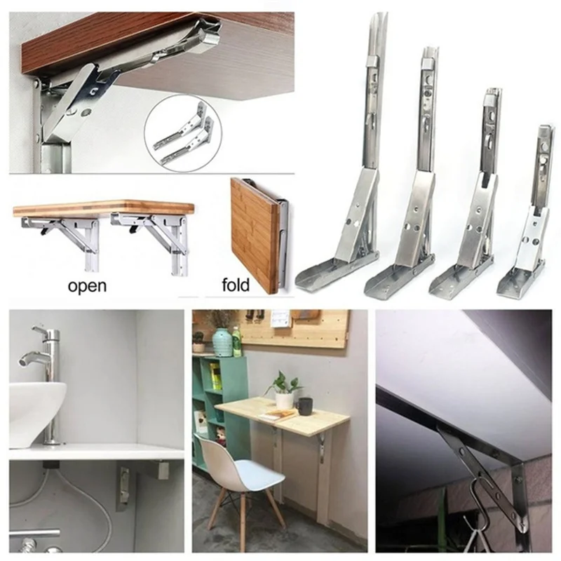 2pcs Heavy Duty Stainless Steel Folding Shelf Brackets Collapsible Wall Mounted L-Table Hinges for Bench & Table with Screws