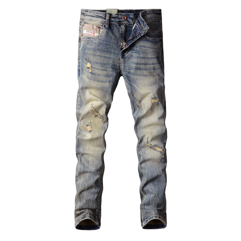 Vintage Fashion Men Jeans Retro Yellow Blue Stretch Slim Fit Ripped Jeans Men Embroidery Patched Designer Denim Pants Hombre