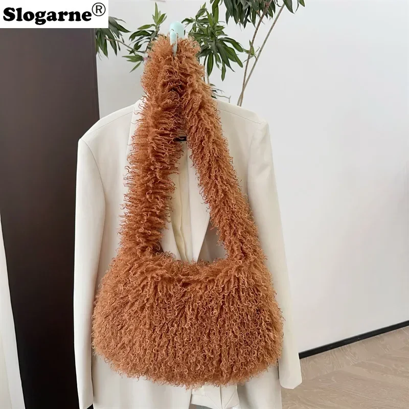 Women Y2K Fashion Long Fur Wool Bags Beach Faux Wool Fur Shoulder Bag Ladies Faux Furs Handbag Luxury Mongolian Crossbody Bags