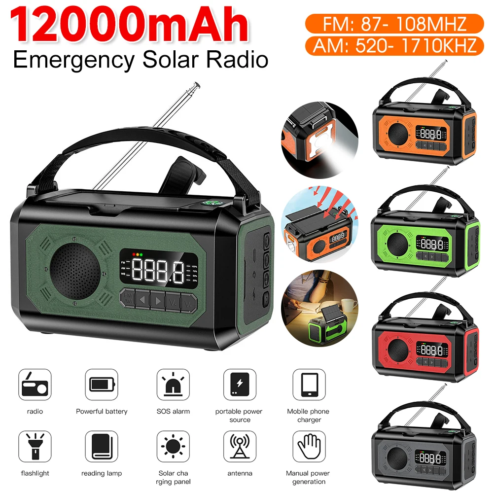 PortableEmergencyRadio12000mAhAMFMNOAAWeatherRadiowith2Solar