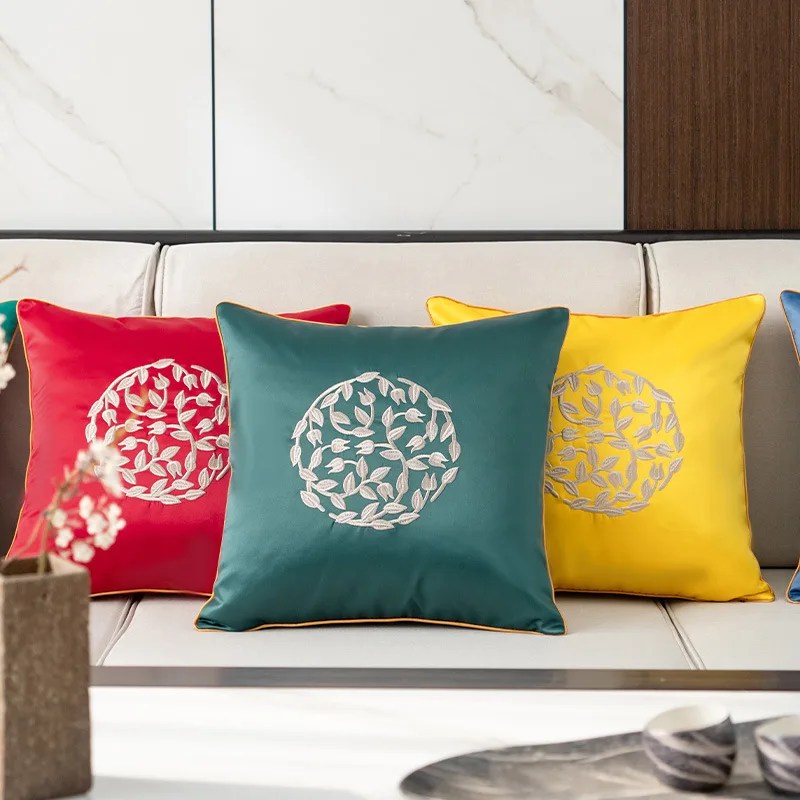 

High Grade Decorative Pillows Embroidery Yellow Blue Branches New Chinese Style Cushion Cover 45x45CM Home Sofa Chair Pillowcase