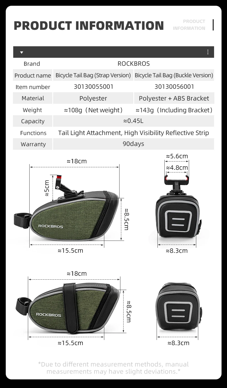 ROCKBROS Fahrrad-Satteltasche, wasserdichte Fahrrad-Sitztasche, 0,45 l, leichte kleine Fahrradtasche, Sattelstütze, Rucksack, hintere Tasche, Pannier – Detail 2