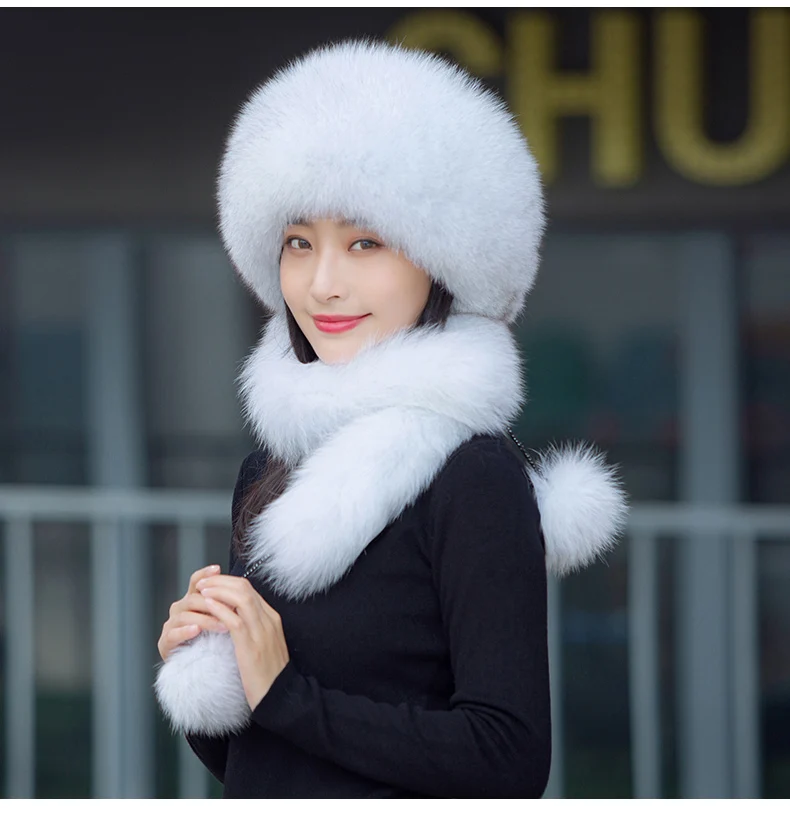 

High quality genuine fox fur grass women's hat fox weaving winter skiing hat ear protection thickened hat scarf one piece