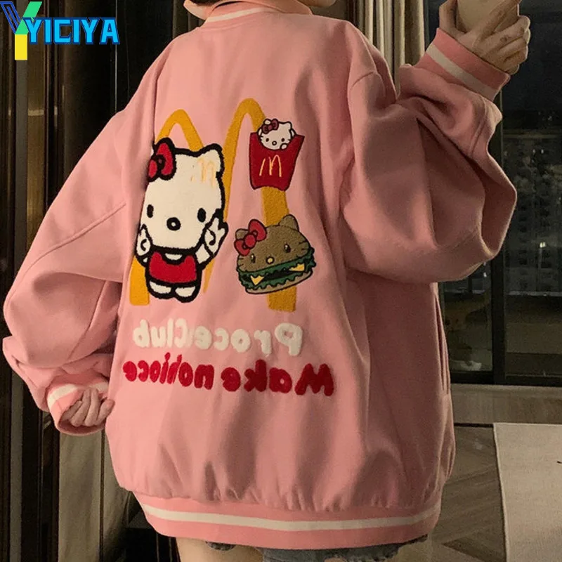 YICIYA KT cat pink baseball jacket Embroidery bomber women Racing winter college coats Varsity Female fashion new Jackets 2024 yiciya street retro letter embroidery baseball uniform cotton bomber jacket women winter loose all match casual thickened jacket