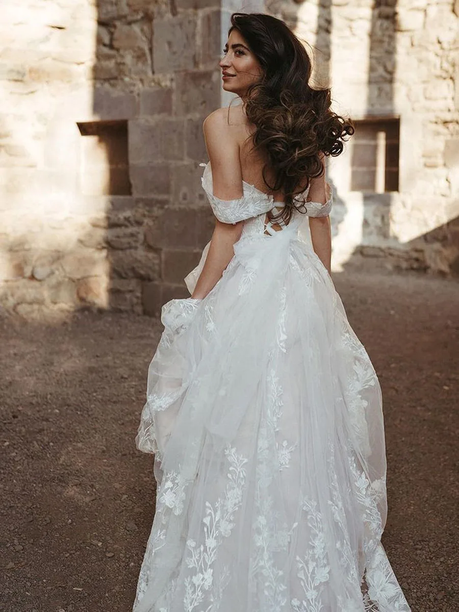 

Свадебные платья в стиле бохо с бисером и открытыми плечами, Кружевная аппликация, трапециевидная юбка, свадебное платье