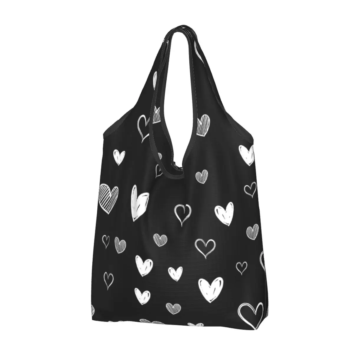 

Reusable Heart Doodles Grocery Bag Foldable Machine Washable Shopping Bag Large Eco Storage Bag Attached Pouch