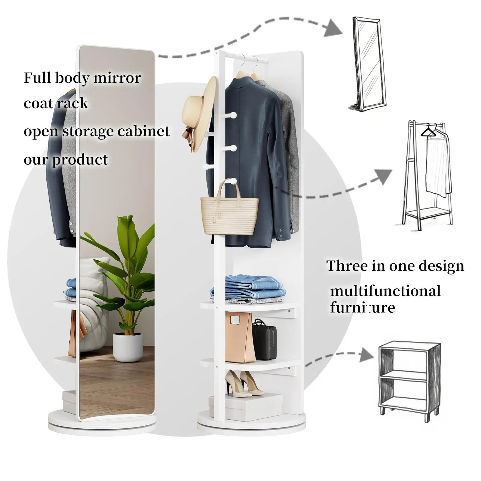 Multifunctional Rotating Full Body Mirror Storage Rack Solid Wood Standing Coat Rack Mirror for Bedroom Living Room Home Gym