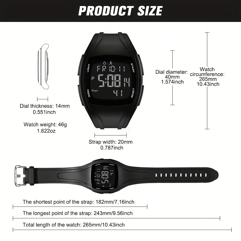 Men's Digital Watch, Outdoors Sports Waterproof Electronic Watches with LED Backlight 5D Pedometer Countdown Stopwatch Stopwatch 6