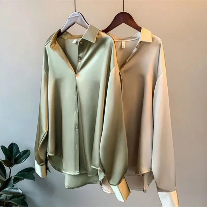 SATIN Long Sleeve Blouse Button Up Shirt Women Summer 2022 New Female Elegant Ladies Tops Korean Fashion Office Lady fashion women s belt love round hole retro buckle narrow business lady belts winter hot sweater wild youth ladies belt