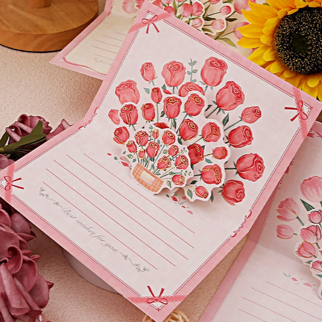 Greeting Cards Pop-Up 3d Tulips Roses Sunflowers Bouquet Mother'S Day Blessings Creative Card Gift For Mother