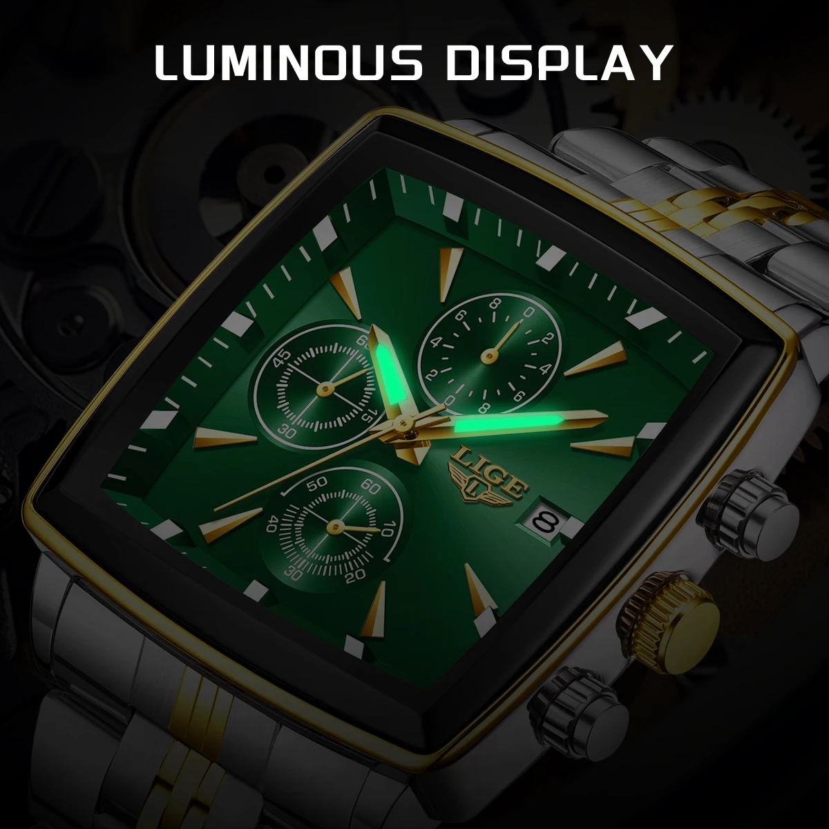 LIGE Fashion Men's Luminous Waterproof Chronograph Wristwatch with Date Function - Square Quartz Design, Includes Box