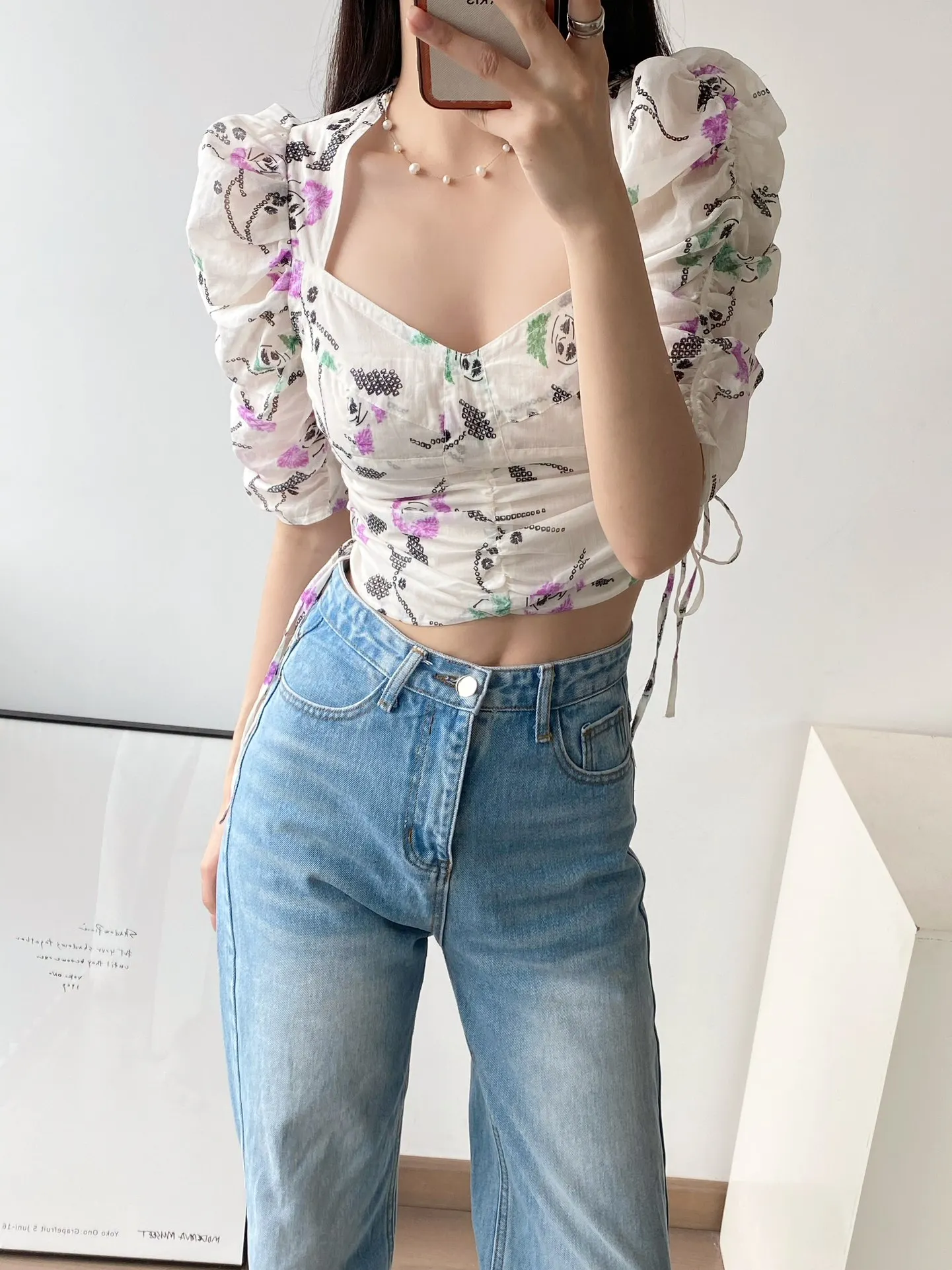 

2023 Autumn/Winter Fashion New Women's Clothing Printed Puffed Sleeves Short Top 0905