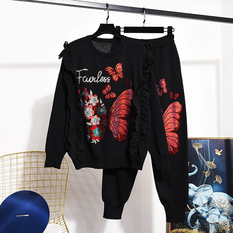 rose-red-black-hot-drilling-butterfly-knitted-tracksuits-women-outfits-fashion-loose-pullover-sweater-pencil-pants-set-female