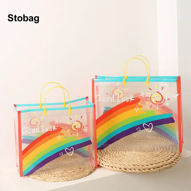 StoBag 10pcs Transparent Shoulder Tote Bags Cute Kids Shopping Plastic Clothes Gift Packaging Birthday Wedding Portable Logo