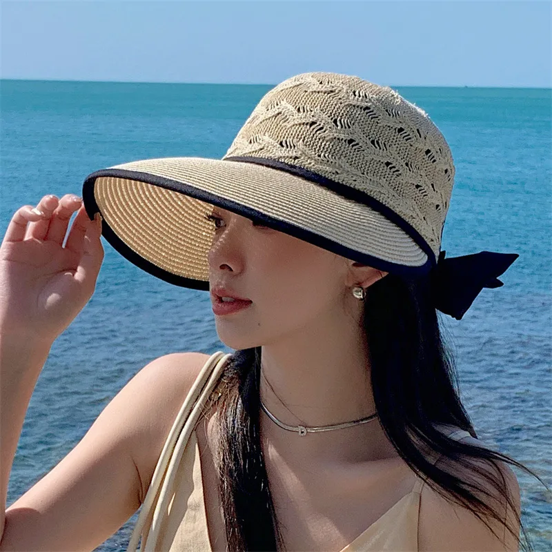 Women Ponytail Straw Sun Hat Wide Brim Visor Summer Adjustable Cap Sun Beach Foldable Hats 6