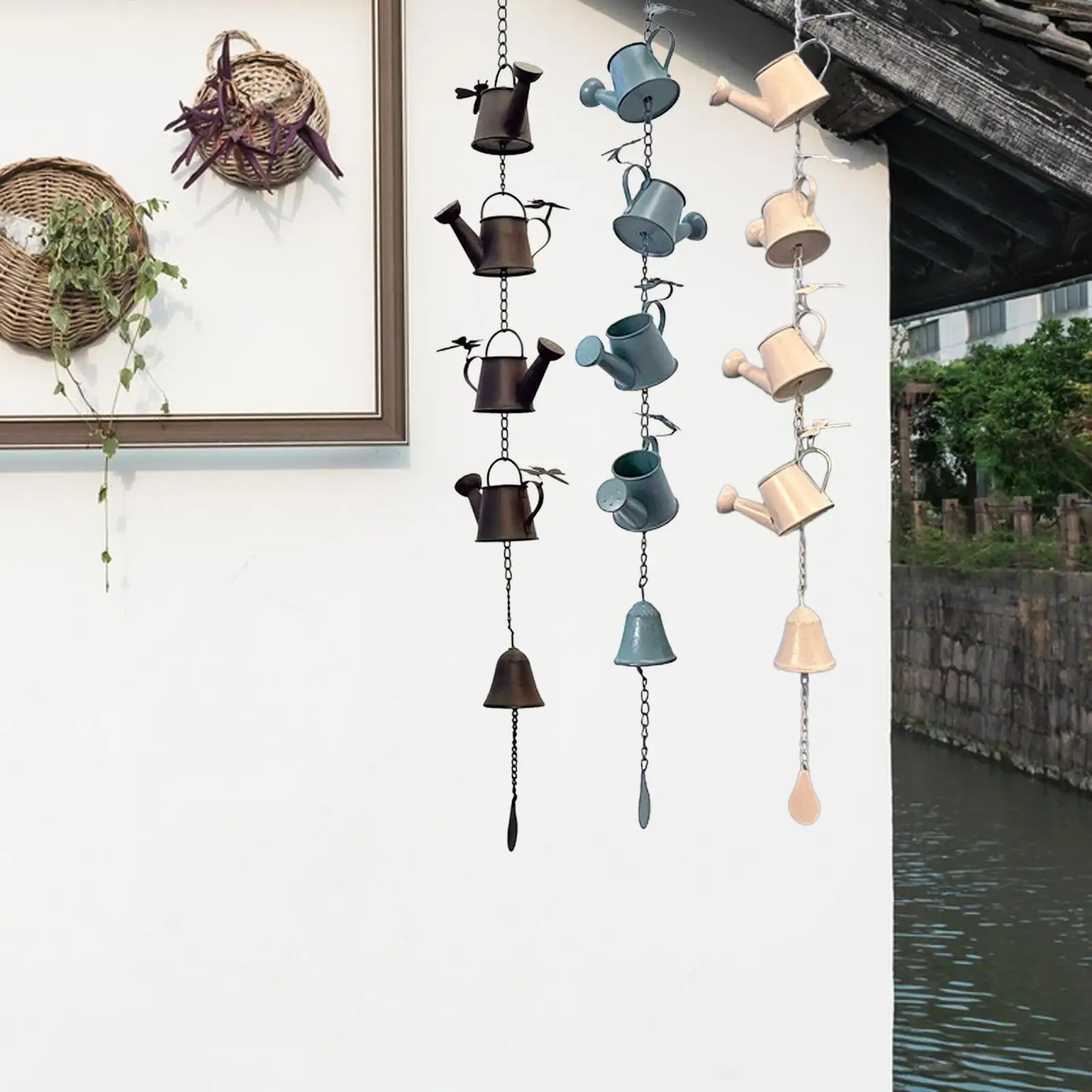 Metal Watering Can with Bell Chime, Rain Chain, Display Stand