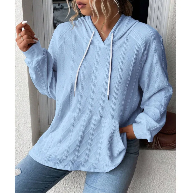 2023 Autumn and Winter Women's Fashion Jacquard Patch Pocket Loose Large Hooded Casual Simple Commuter Pullover Panel Sweater