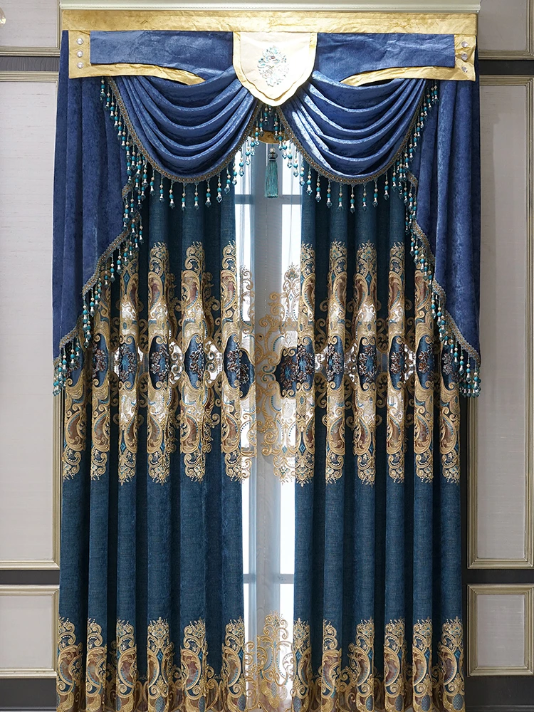 Cortina opaca de chenilla bordada de estilo americano, cenefa retro de estilo europeo para sala de estar, comedor y dormitorio