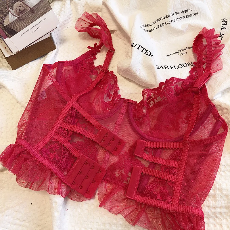 Mesh Dot Women Sexy Embroidery Lingerie Floral Lace Bras Set Thin Push up Bralette Bra+Thong Set See Through Red_voghion.com