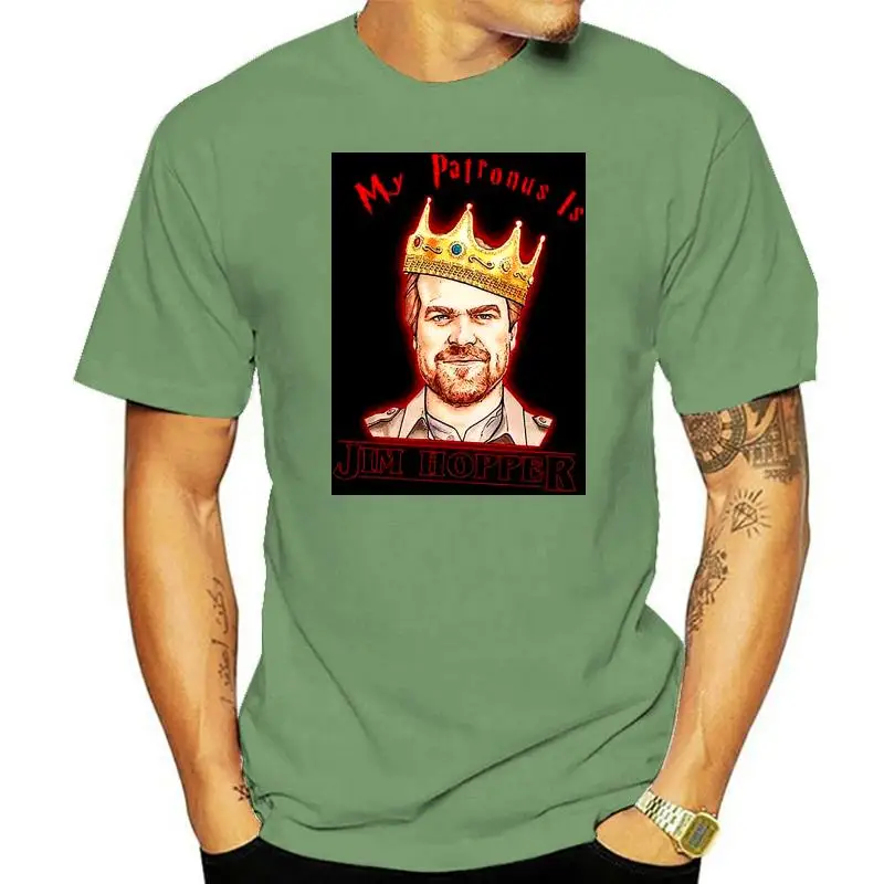 thumbnail image 1 of Camiseta Stranger tee Things My Patronus Is Jim Hopper, camiseta negra de algodón para hombre, tallas S-6XL, 1 of 5
