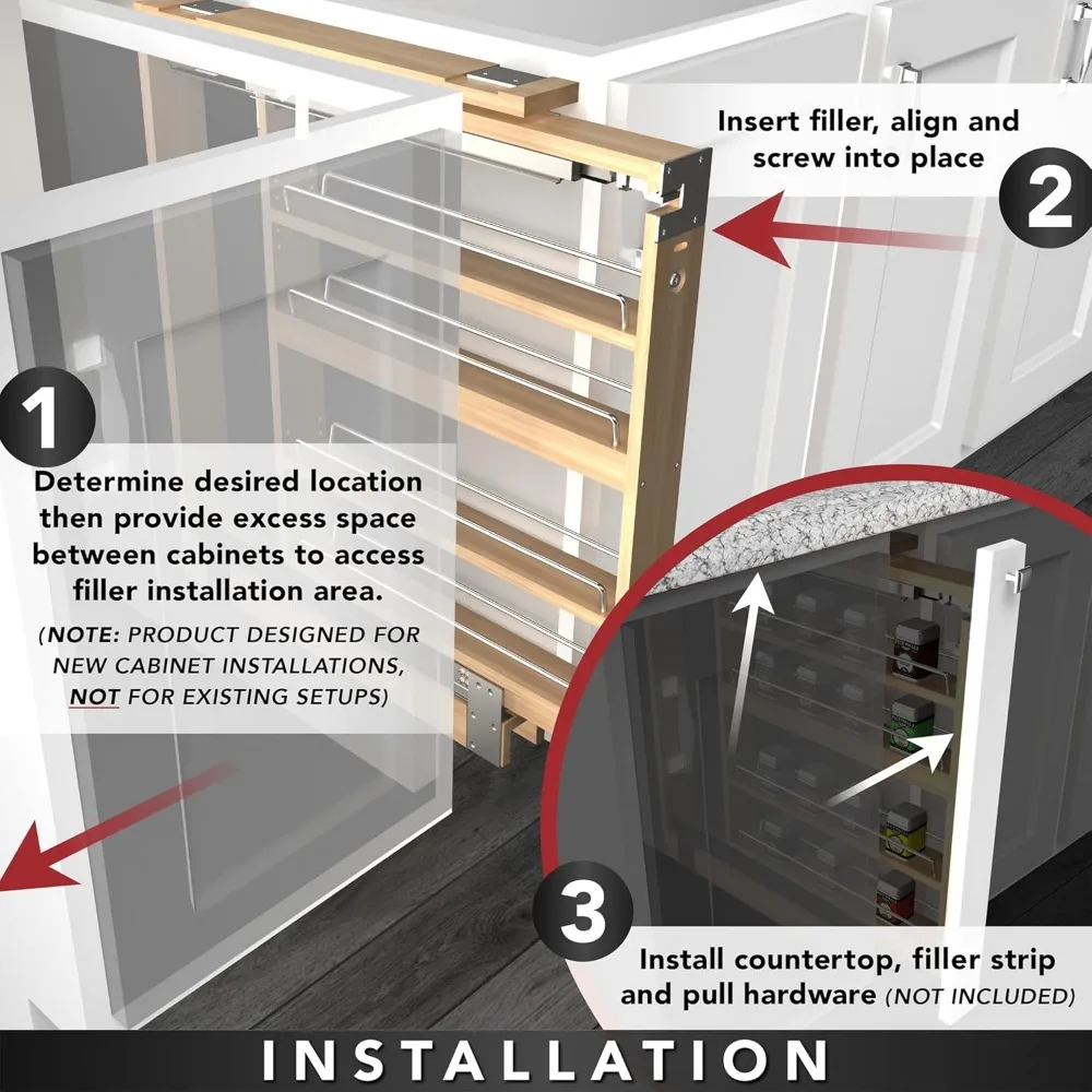 Pullout Shelf Organizer for Base Kitchen or Bathroom Cabinets, Wood Filler Pantry Storage or Spice Rack, Maple, 3" x 23" x 30" 6