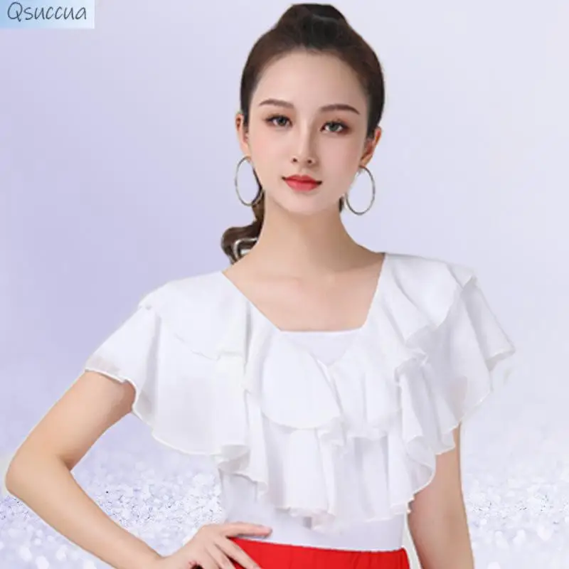 New Summer Short-Sleeved Ice Silk Blouse Women's Lotus Leaf Sleeve Dance Costume Performance Costume