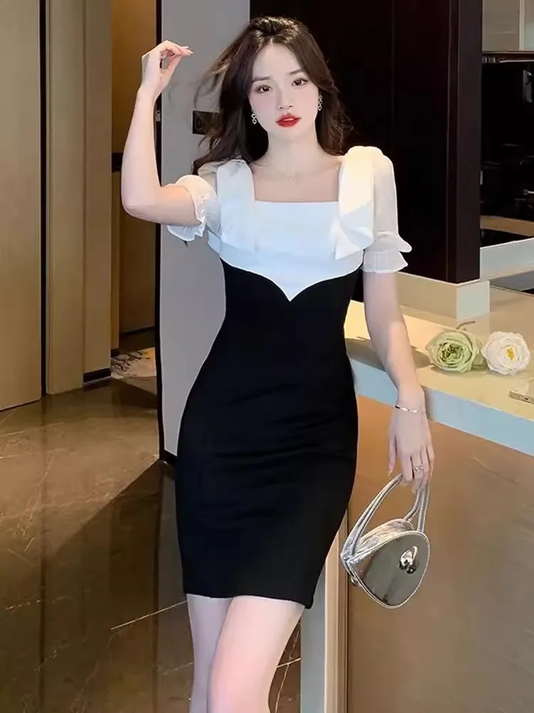 

2023 Summer Elegant Dress Long Beach Slim Party Prom French Lady Casual Black Patchwork White Mini Office Dresses Women's Chic