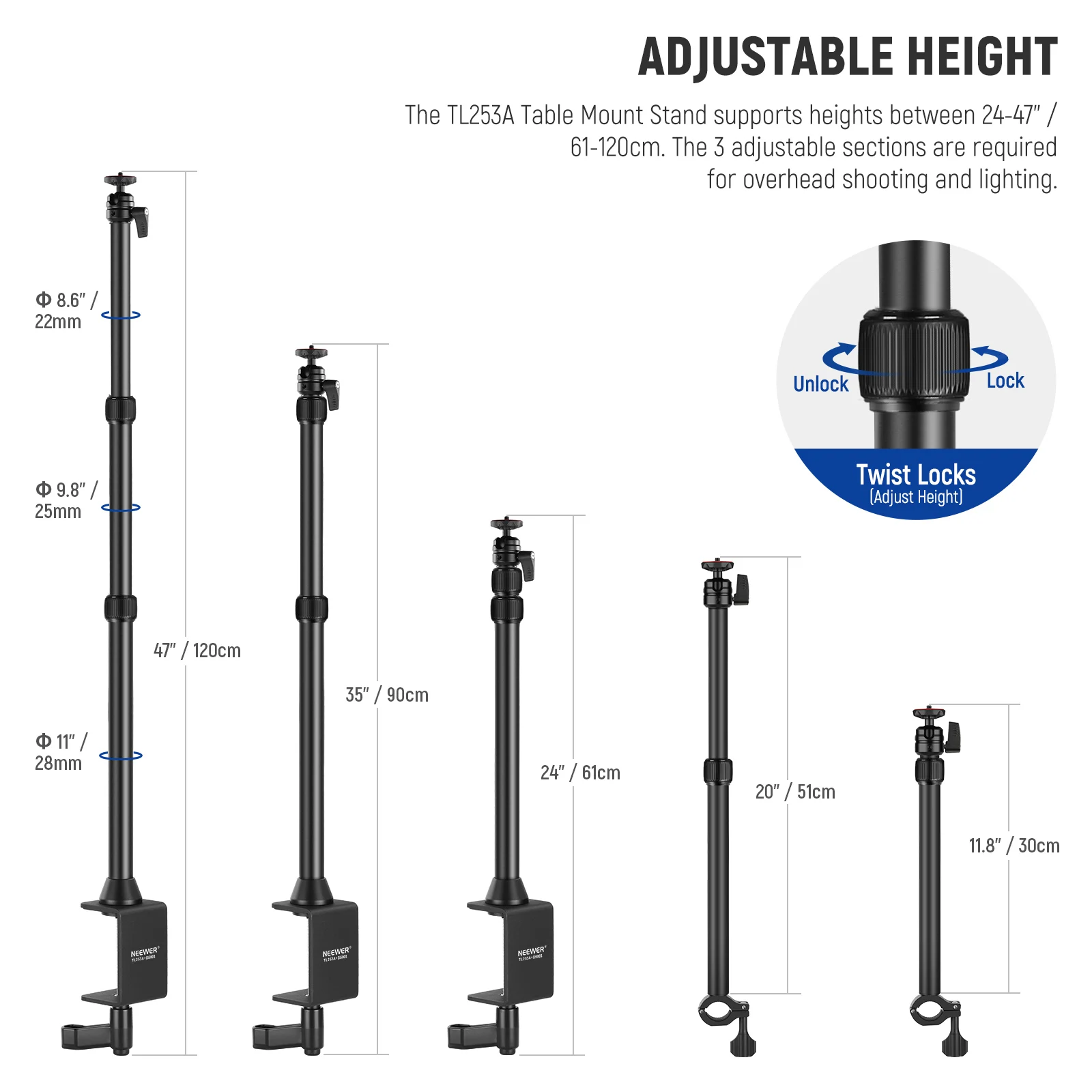 NEEWER Tabletop Overhead Camera Mount Stand with 2 Section Telescopic Extension Arm Phone Holder Ball Heads Screw Adapters