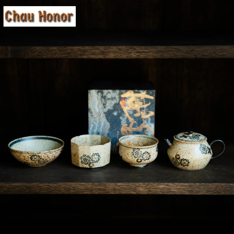 110ml Blue And White Flint Red Teapot Vintage Gold Drawing Embroidered Ball Flower Pot Tea Making Kettle Tea Items Decoration