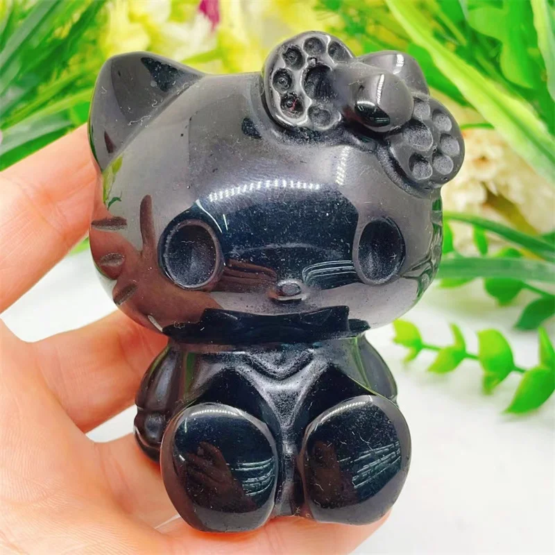 

Natural Black Obsidian Cartoon KT Cat Crystal Carving Healthy Children Birthday Gift Healing Home Decoration Ornaments 1pcs