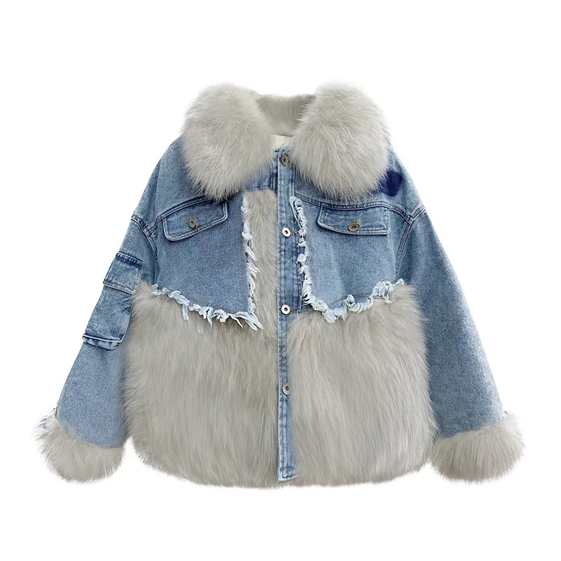 2023 Winter New Patchwork Denim Faux Fur Coat Women Fashion Fur Integrated Parkas Mid Length Version Fashion Loose Warm Outwear