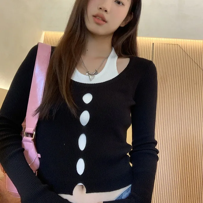 

Hollowing Out Women's Neck Hanging Knitted Sweater Long Sleeved Fake Two Pieces Slim Fit Top Youth Elegant High Quality Knitwear