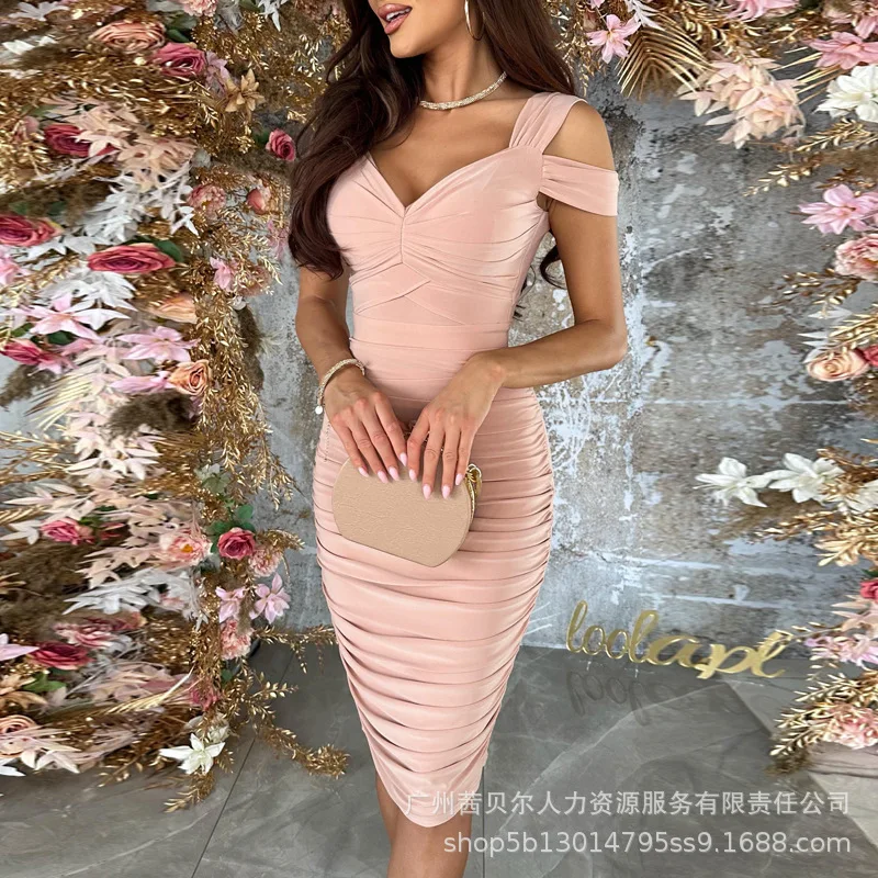 

2023 Spring Summer New Women's Solid Color off-the-Shoulder Strap Tight Gathers Dress