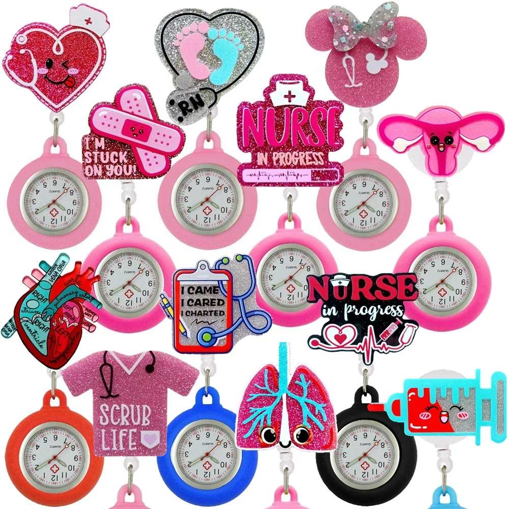 Hospital Medical Workers Cartoon Shiny Nurse Doctor Badge Reel Retractable Pocket Watch for Students