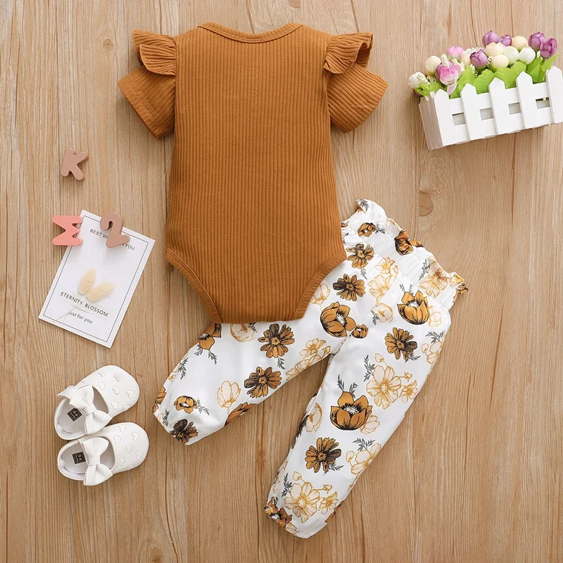 hibobi Baby Girls Bodysuit Infant Girls Clothes Set 2Pcs Floral Print Ruffle Romper & Floral Print Pants Short Sleeve Romper sun baby clothing set