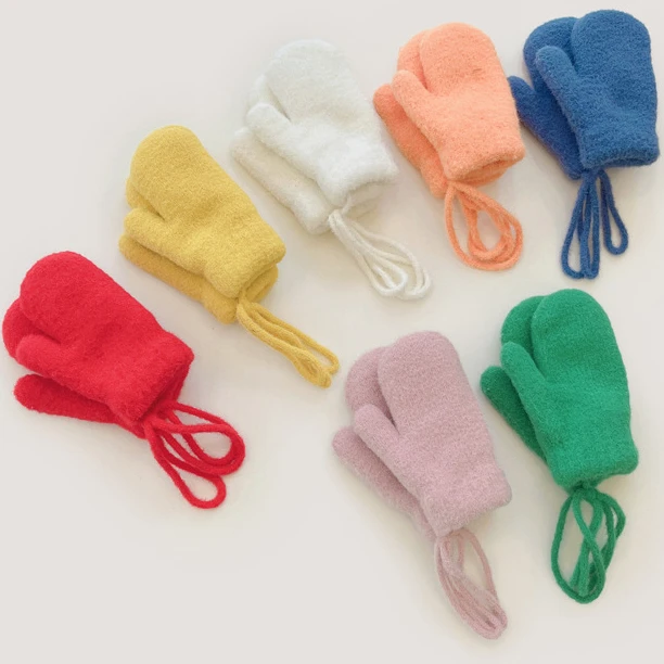 0-4Years Baby Gloves Winter Solid Thicken Plus Velvet Halter Gloves for Kids Toddler Outdoor Keep Warm Knitted Mittens with Rope baby gloves
