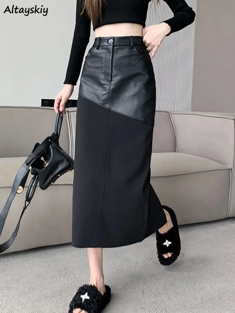 

Skirts Women Patchwork Design Harajuku Cool Slit PU Leather Office Lady Korean Fashion Clothes Spring Autumn High Waist Feminino