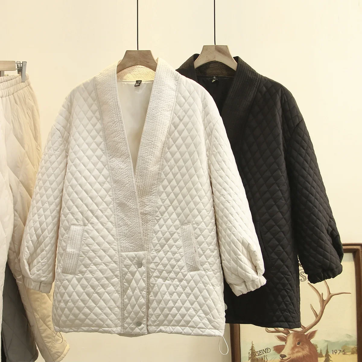 

2023, Женская Повседневная парка CNACNOO, тонкая стильная зимняя стеганая куртка с узором ромбиками, элегантная Свободная куртка с V-образным вырезом